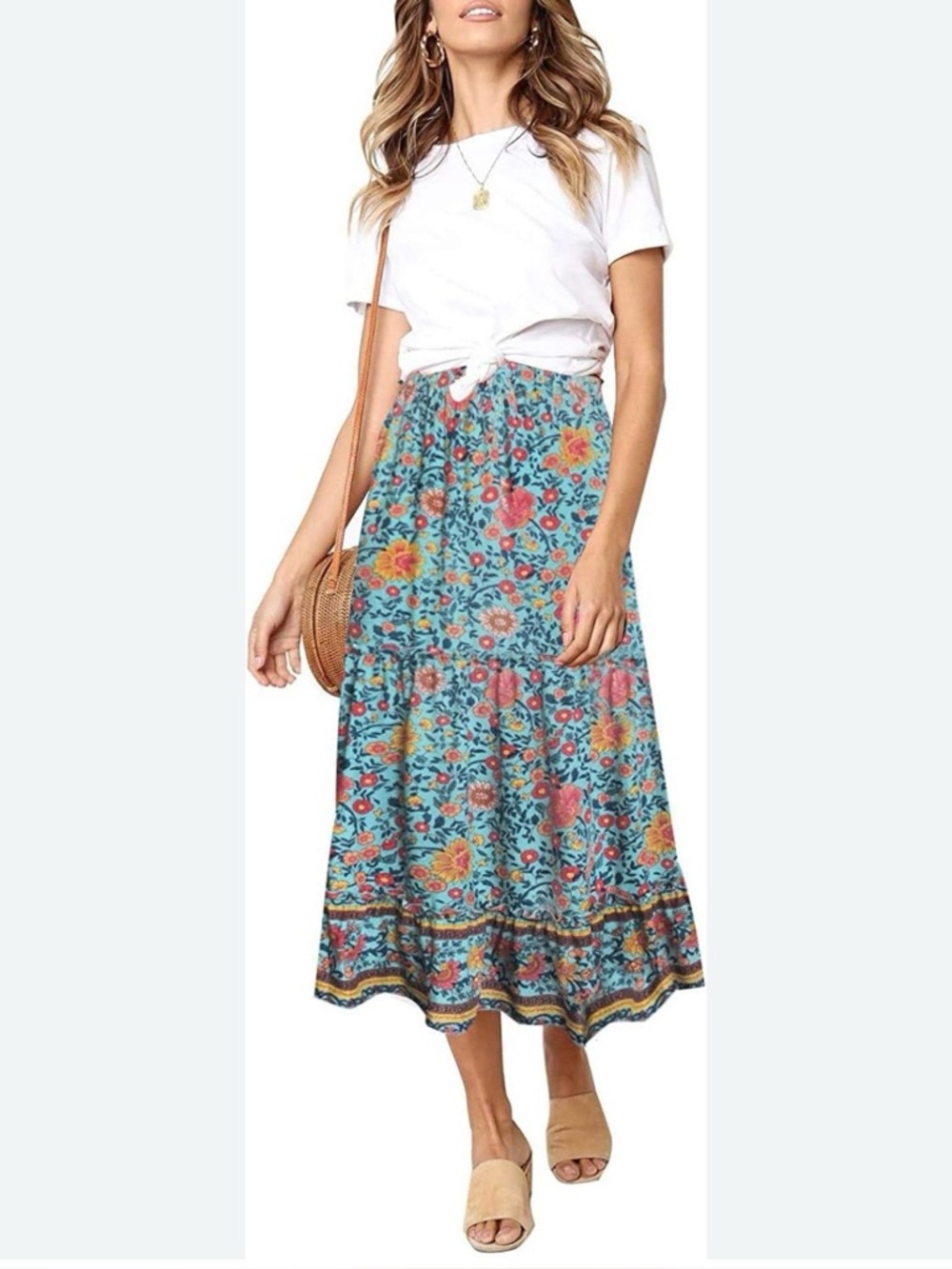 ZESICA Beautiful Turquoise Floral Boho Maxi Skirt Size Medium